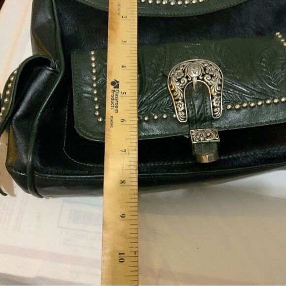 American West Black Hair-On Cowtown Green Tooled Leather Zip-Top Shoulder Bag - Picture 15 of 15